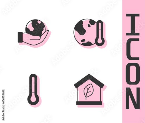 Set Eco friendly house, Hand holding Earth globe, Thermometer and melting to global warming icon. Vector