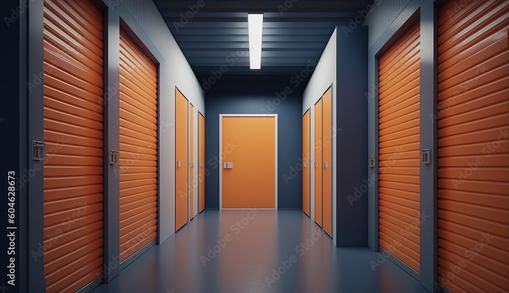Self-storage business, well-lit modern corridor with orange doors, generated with ai tools
