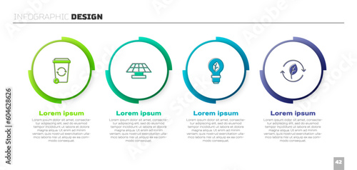 Set Recycle bin, Solar energy panel, Light bulb with leaf and symbol. Business infographic template. Vector
