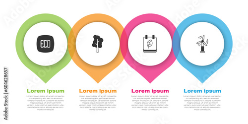 Set Leaf Eco symbol, Tree, Calendar with autumn leaves and Wind turbine. Business infographic template. Vector