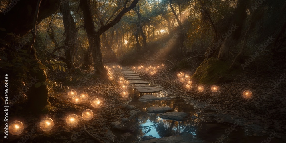 An enchanting forest path illuminated by floating, glowing orbs ...