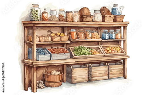 Pantry or food storage unit watercolor white background. Generative AI