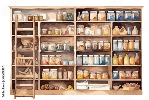 Pantry or food storage unit watercolor white background. Generative AI
