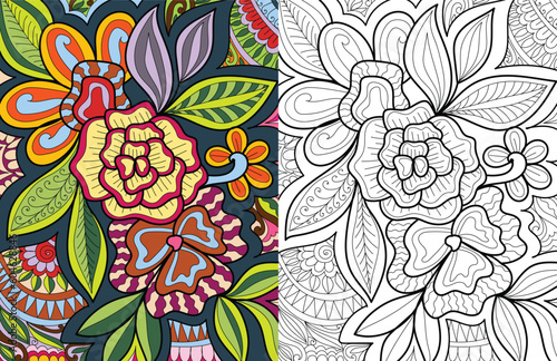 Decorative doodle hand drawn floral mehndi design style coloring book page illustration