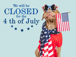 Signboard with the inscription We will be closed for the 4th of July. Cute brown puppy. Closeup, indoors. Studio shot. Congratulations for family, loved ones, friends and colleagues. Pet care concept