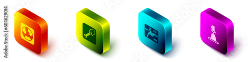 Set Isometric Earth globe, Shovel, Topographic map and Tacheometer, theodolite icon. Vector