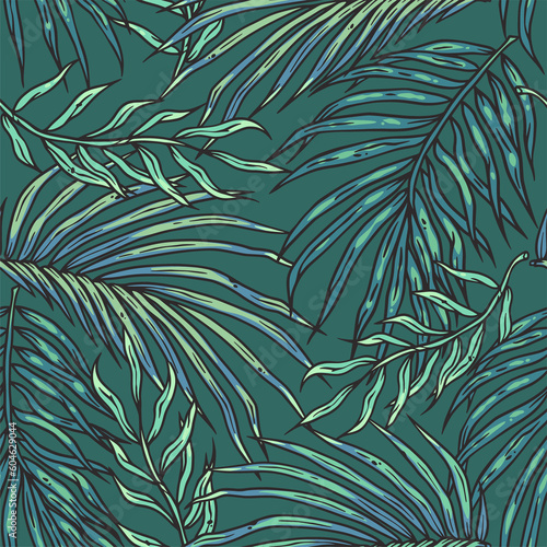 Tropical exotic green leaves or plant seamless pattern for summer background and beach wallpaper.