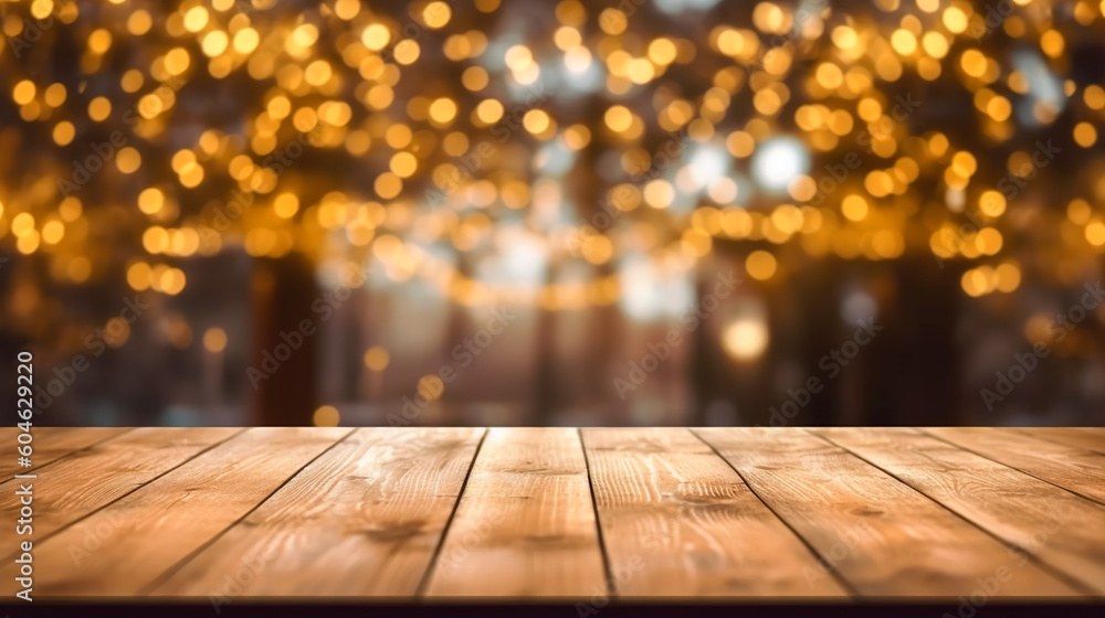 Ethereal Atmosphere, Serene Allure of an Empty Wood Table Top with Blurry Lights, Generative AI Ethereal Atmosphere, Serene Allure of an Empty Wood Table Top with Blurry Lights, Generative AI