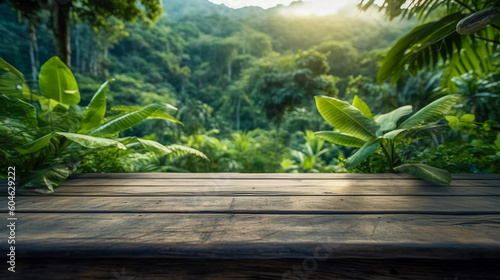 Exotic Escape  Product Display with an Empty Wood Table Top in a Blurry Jungle Setting  Generative AI