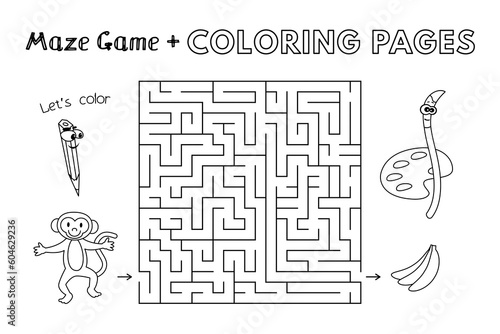 Canvas Print Cartoon monkey maze game. Vector coloring book pages for children