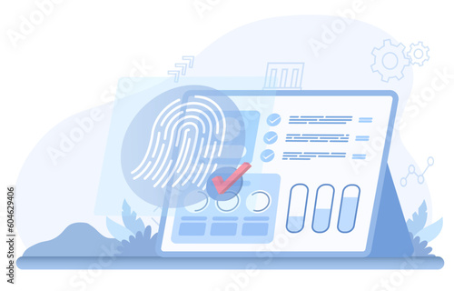 Concept of data protection and personal details. Use fingerprints to access accounts, develop, improve, manage sensitive data. Flat vector illustration with copy space.
