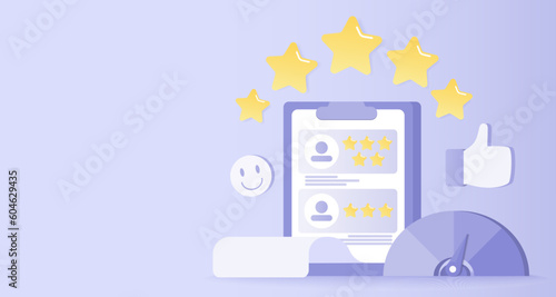 Customer feedback reviews. Positive and negative review, respond, rating star, loyalty, good experience, complaint comment. Flat vector design illustration with copy space.