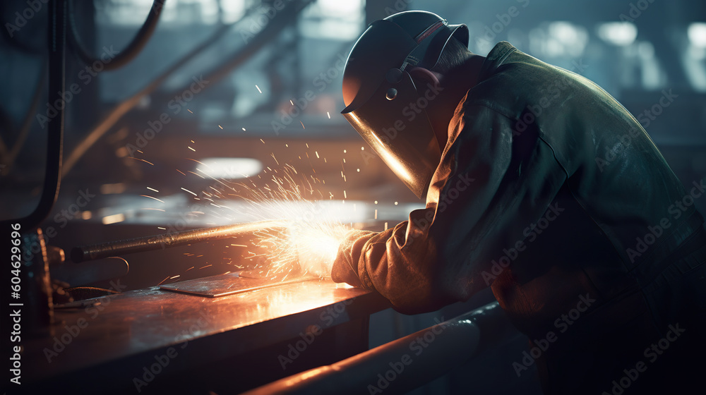 A man in a welding mask working on a piece of metal. Generative AI. A man in a welding mask working on a piece of metal. Generative AI.
