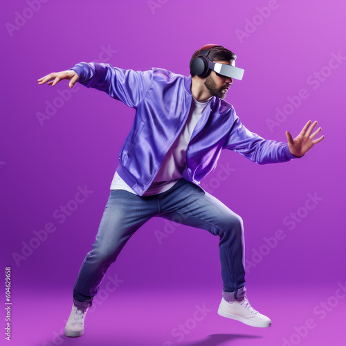 Man wearing VR goggles dancing in front of a purple background by generative AI