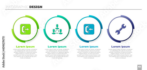 Set Outgoing call phone, Employee hierarchy, Incoming and Wrench spanner. Business infographic template. Vector