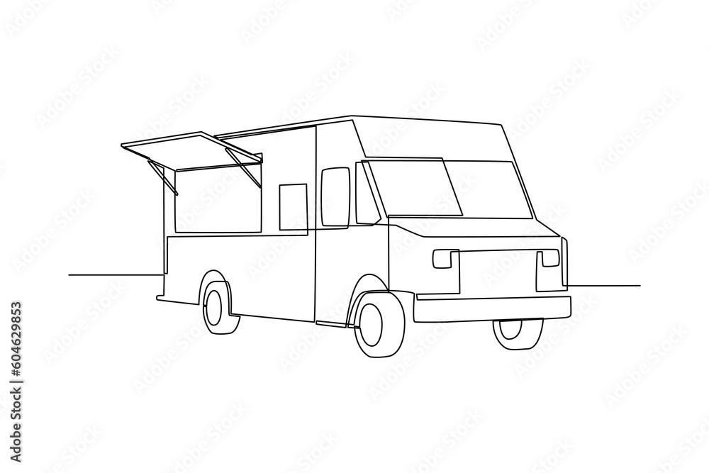 Single one-line drawing food truck with open windows. Food truck concept. Continuous line drawing illustration. Single one-line drawing food truck with open windows. Food truck concept. Continuous line drawing illustration.