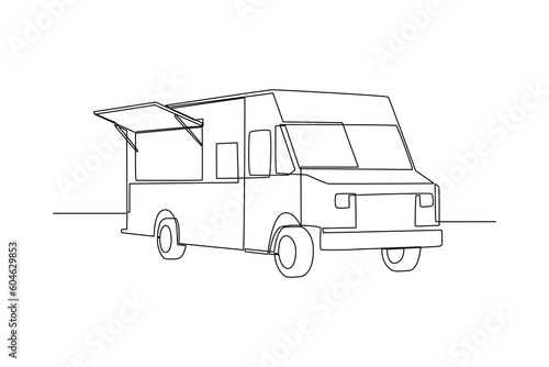Single one-line drawing food truck with open windows. Food truck concept. Continuous line drawing illustration.