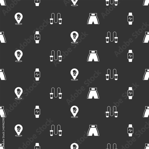 Set Boxing short, Smart watch with heart, glove and Jump rope on seamless pattern. Vector