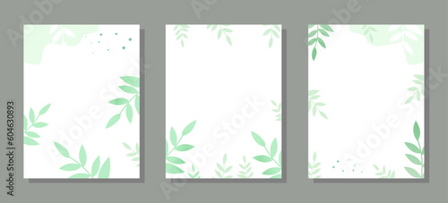 Set of floral wedding invitation design with green leaves on a white background