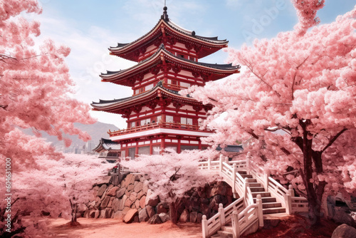Beautiful japan temple in blossoming sakura garden, pink cherry trees, nature background wallpaper. Generative AI