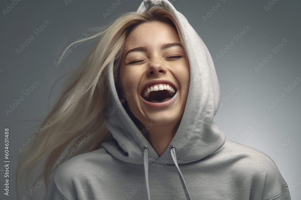 A AI-generated, non-existing beautiful laughing woman wearing a oversize hood A AI-generated, non-existing beautiful laughing woman wearing a oversize hood