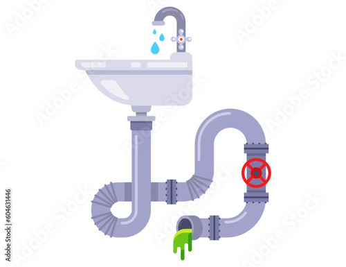 water flows from the sink into the sewer. flat vector illustration