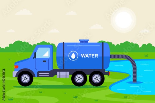A blue truck is pumping water out of a lake. flat vector illustration