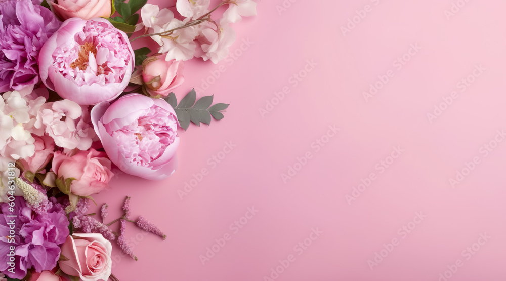 Abstract floral backdrop of pink flowers for spring or summer time. Banner background with copy space. Generative AI Abstract floral backdrop of pink flowers for spring or summer time. Banner background with copy space. Generative AI