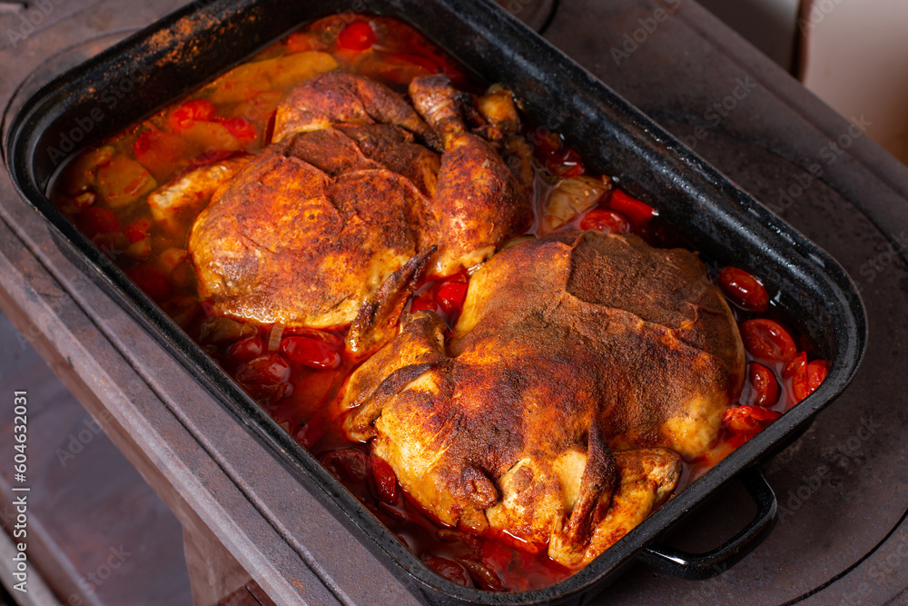 Roast chicken whole. Served with vegetables, festive table menu concept background Roast chicken whole. Served with vegetables, festive table menu concept background