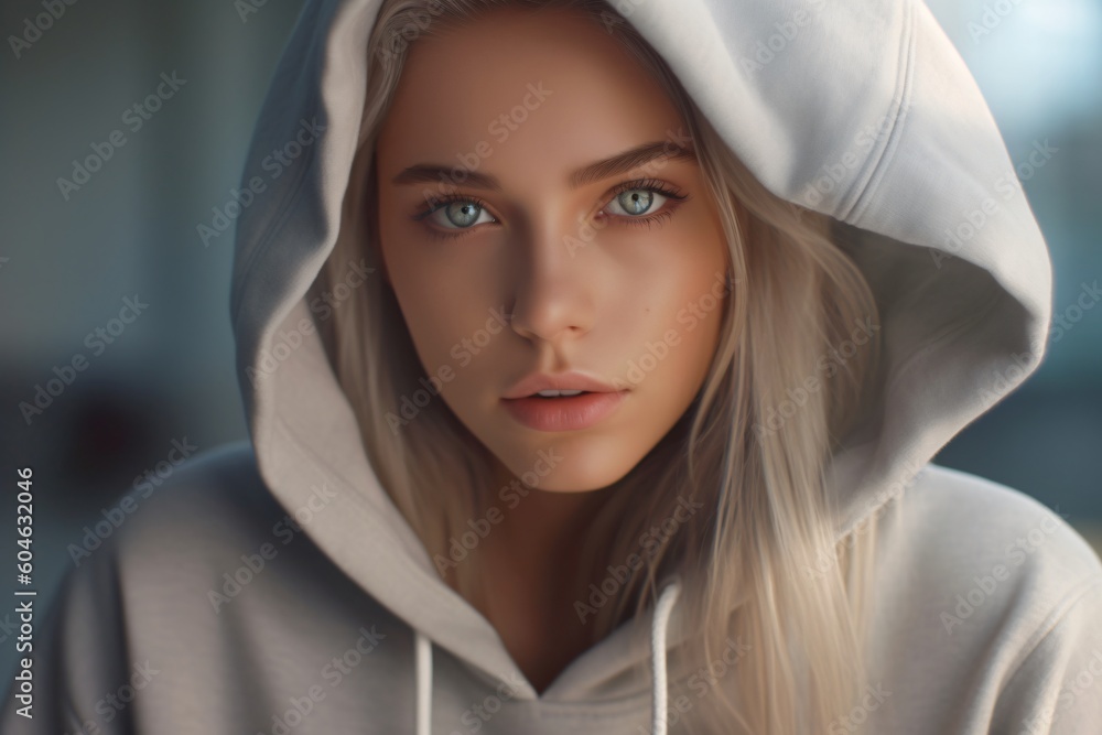 A AI-generated, non-existing smiling woman wearing a oversize hoodie A AI-generated, non-existing smiling woman wearing a oversize hoodie