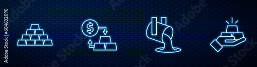 Set line Molten gold being poured, Gold bars, exchange money and . Glowing neon icon on brick wall. Vector