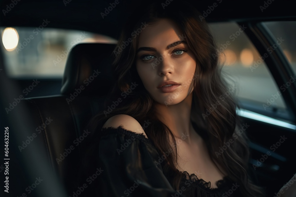 Shot of a AI-generated non-existing woman siting in a car wearing a black dress