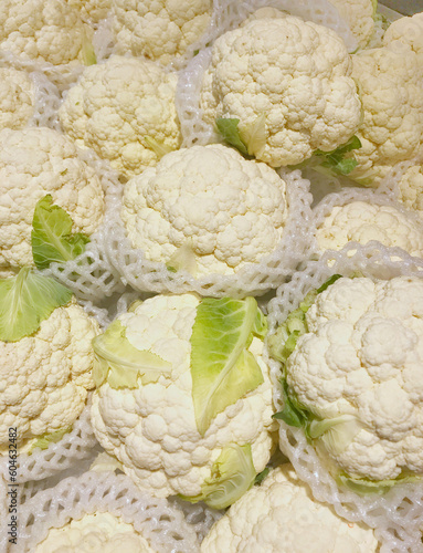 Pile of fresh cauliflower for sale in the market 