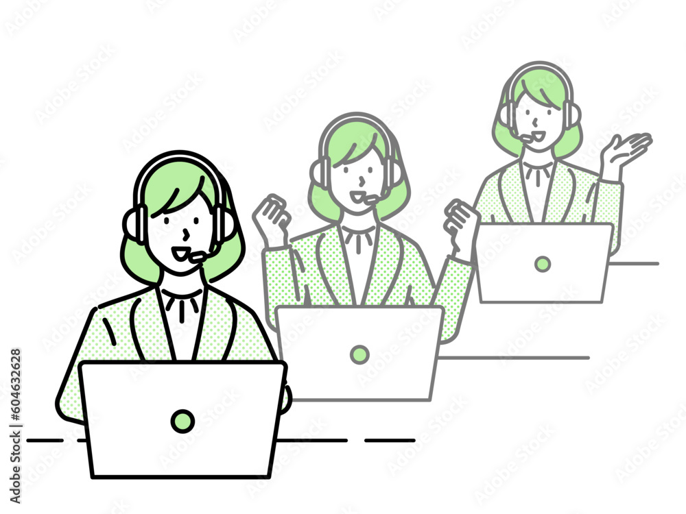 Woman in headset at customer help and support service. Online assistant, consultant in head set. Woman in headset at customer help and support service. Online assistant, consultant in head set.