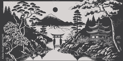 VIntage retro engraving style  Japan Asian juji mountain with trees nature wild landscape. Background outdoor adventure vibe. Graphic Art Vector photo