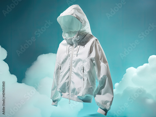 windbreaker clothes promotional photo beautiful electronic commercial photography , blue background, studio photo, clean design, pastel colors Generative AI photo