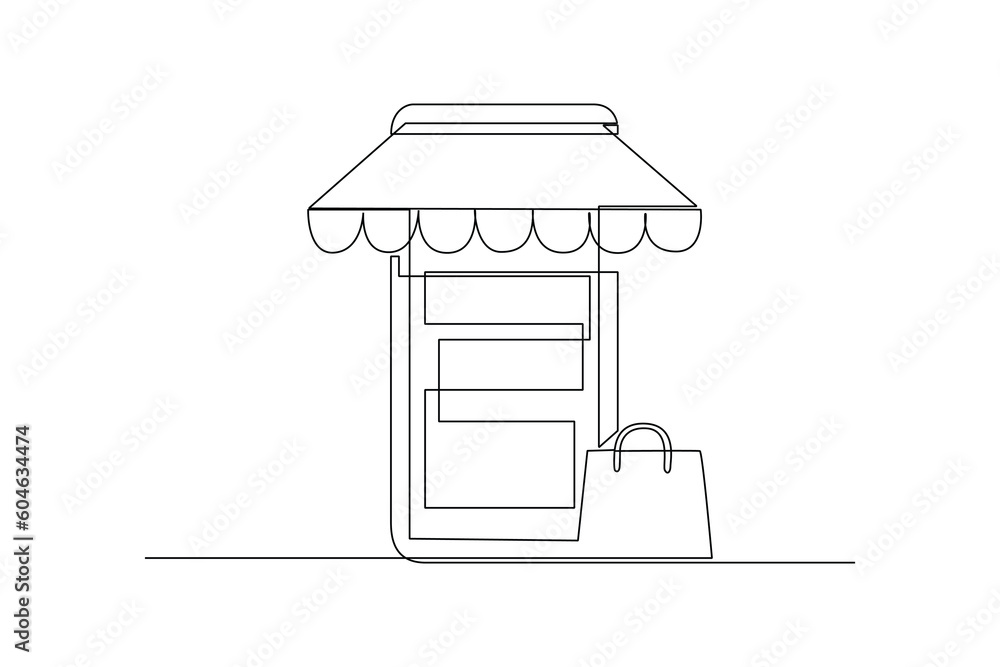 Single one-line drawing digital market from handphone. Market digital concept. Continuous line drawing illustration Single one-line drawing digital market from handphone. Market digital concept. Continuous line drawing illustration