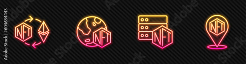 Set line NFT blockchain technology, Ethereum exchange, Digital crypto art and . Glowing neon icon. Vector