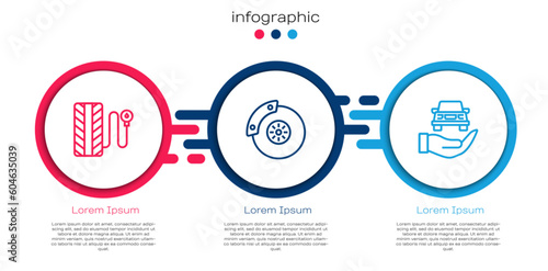 Set line Tire pressure gauge, Car brake disk with caliper and Auto service check automotive. Business infographic template. Vector