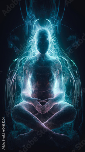 Meditation in yoga lotus position. Mindfulness and self awereness practice. Silhiuette of meditating person on beautifull landscape. vertical shot Generative AI photo