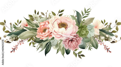 Illustration of a bouquet. Elegant with green leaves and soft pastel flowers for weddings, greetings, and Prints. Blooming botanical, roses and peony