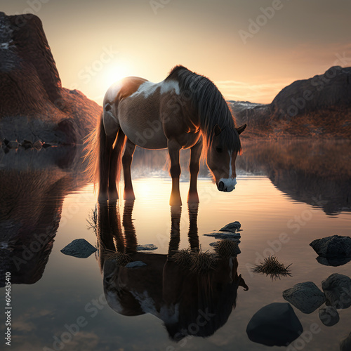 Pferd zum Sonnenuntergang, KI generiertes Bild