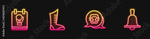 Set line Boxing helmet, glove, Sport boxing shoes and bell. Glowing neon icon. Vector