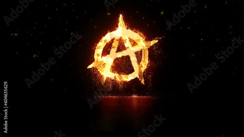Anarchy Symbol Burning and Sparks 4K Loop features an A anarchy symbol with fire and sparks falling to the ground in a loop. photo