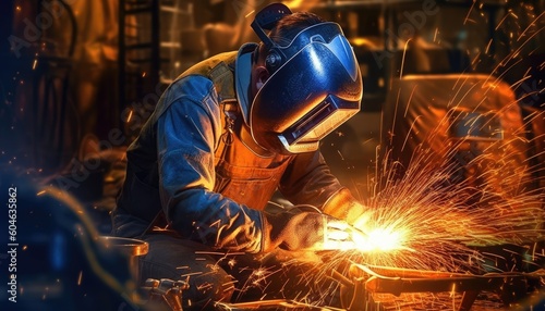 The welder wore protective gear while welding metal with sparks. (Generative AI)