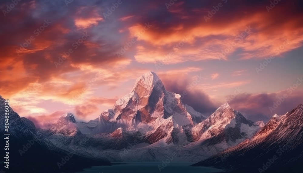 At sunset, a beautiful panorama of Tibetan snow-capped mountains. (Generative AI)