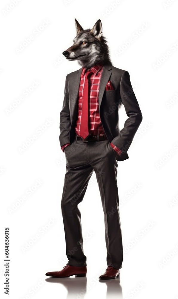 Wolf dressed in a suit like a businessman, isolated on white (generative AI) Wolf dressed in a suit like a businessman, isolated on white (generative AI)