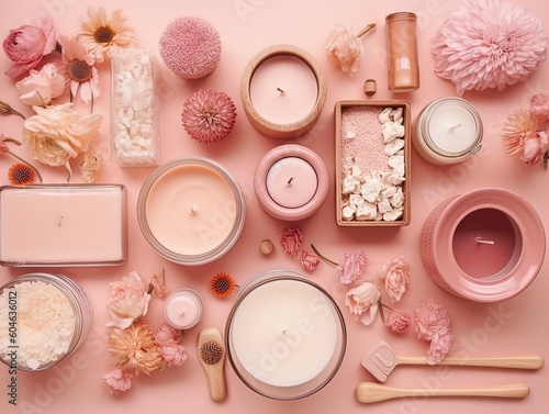 Beauty and fashion concept with spa set on pink pastel background