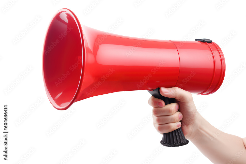 Fototapeta premium Hand holding megaphone isolated on transparent background. Generative Ai