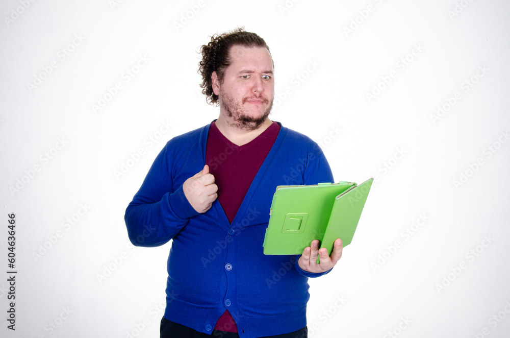 Business and work. Funny fat man posing in the studio. Business and work. Funny fat man posing in the studio.